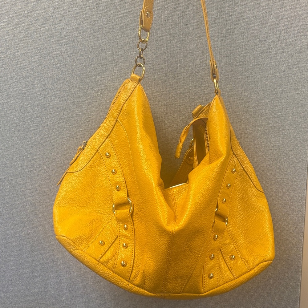 Trendy Yellow Cowhide Leather Hobo Shoulder Bag Tote bag Vintage Hardware